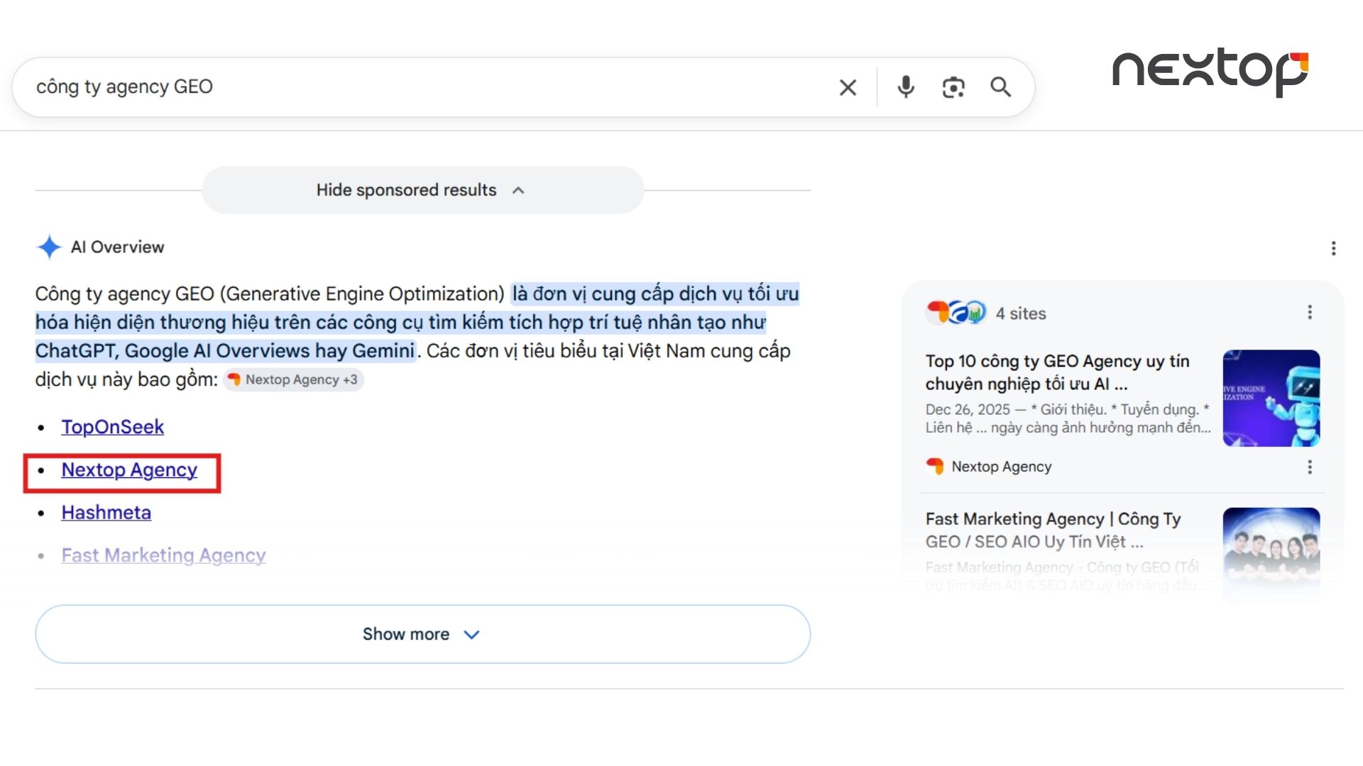 Nextop Agency xuất hiện trên Google AI Overview, khẳng định năng lực GEO thực chiến
