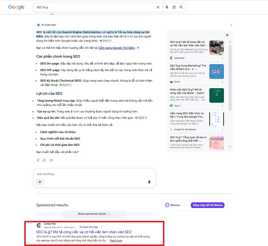 Top 1 với truy vấn “SEO là gì” nhưng không xuất hiện tại AI Overview