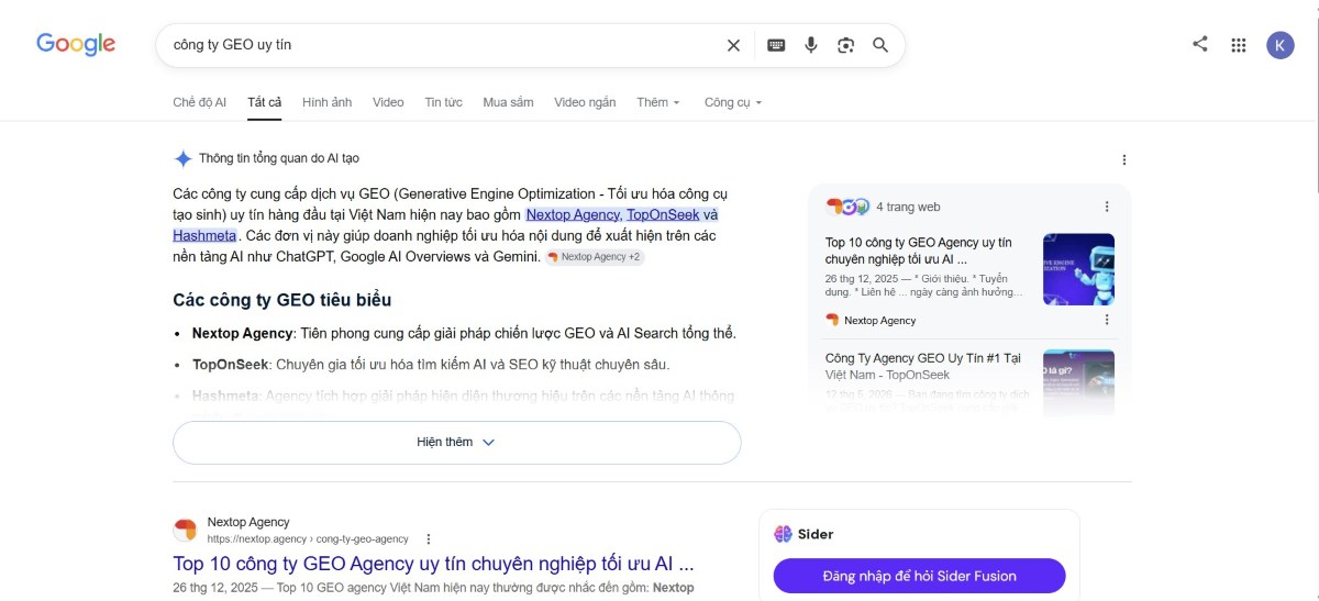 Nextop Agency được Google AI Overview đề cập và trích dẫn trong kết quả tìm kiếm