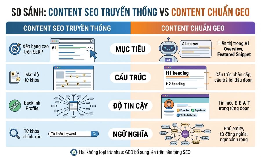 SEO giúp nội dung được tìm thấy, content GEO giúp nội dung được AI hiểu và trích dẫn