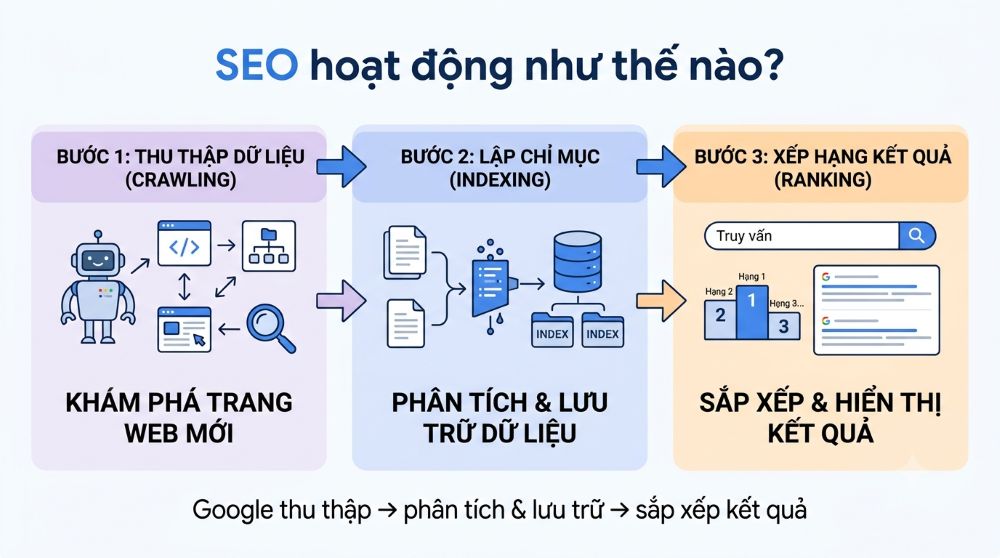 SEO hoạt động theo 3 giai đoạn Crawling - Indexing - Ranking