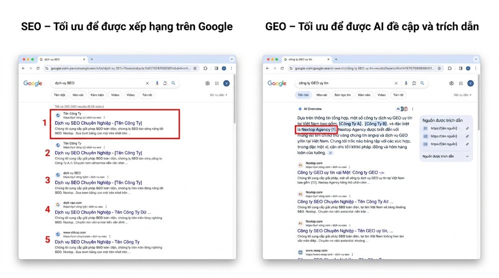 SEO tối ưu thứ hạng trên Google, GEO tối ưu khả năng được AI đề cập và trích dẫn